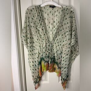 Rampage Beige Green Sheer Bohemian Open Tie Elastic Waist Kimono with Armholes M
